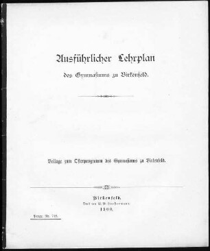 Ausführlicher Lehrplan des Gymnasiums zu Birkenfeld