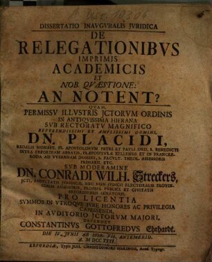 Dissertatio Inavgvralis Jvridica De Relegationibvs Imprimis Academicis Et Nob. Qvaestione: An Notent?