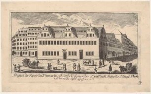 Der Neumarkt in Dresden nach Westen mit dem Gewandhaus, links die Kleine Kirchgasse, rechts der Jüdenhof, Teil einer Reihe Dresdner und sächsischer Ansichten von Schlitterlau um 1770