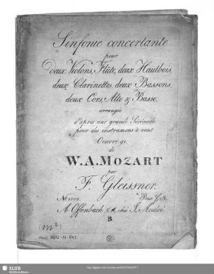 Sinfonie concertante pour deux Violons, Flûte, deux Hautbois, deux Clarinettes, deux Bassons, deux Cors, Alto & Basse : Oeuvre 91