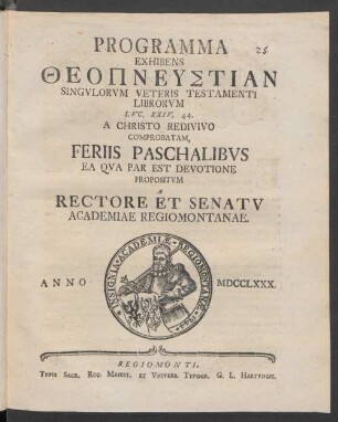 Programma Exhibens Theopneustian Singulorum Veteris Testamenti Librorum Luc. XXIV. 44. A Christo Redivivo Comprobatam, Feriis Paschalibus Ea Qua Par Est Devotione Propositum A Rectore Et Senatu Academiae Regiomontanae