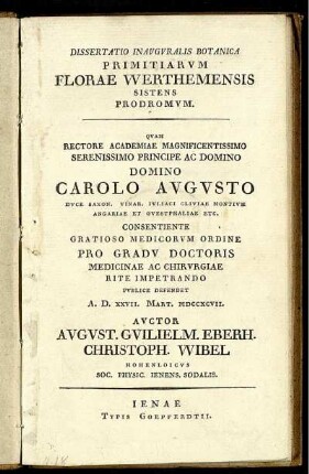 Dissertatio Inauguralis Botanica Primitiarum Florae Werthemensis Sistens Prodromum : A. D. XXVII. Mart. MDCCXCVII.