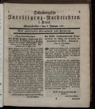 I. Stück. Sonnabends: den 6. Januar 1781.