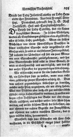 Briefe der Lady Juliette Catesby an Lady Henriette ihre Freundin.