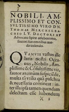Nobili, Amplissimo Et Consultissimo Viro Dn. Thomae Merckelbachio [...]