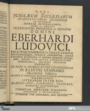 Ad Jubilæum Ecclesiarum Evangelicarum Secundum In Honorem Supremi Reformatoris...