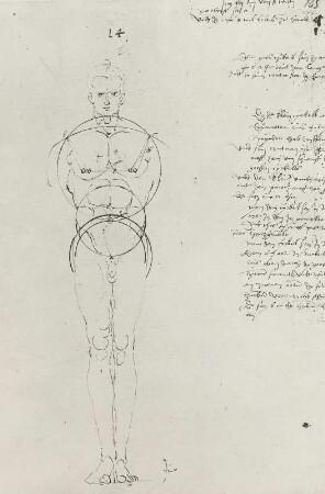 Mann ohne Arme von vorn in Proportionslinien mit Text : Dresdner Skizzenbuch (1507/1528). Mann ohne Arme von vorn in Proportionslinien mit Text (aus: R. Bruck: Das Skizzenbuch von Albrecht Dürer, Straßburg 1905, Tafel 20, Blatt 105r, Str. 8, Kriegsverlust). Dresden: SLUB Mscr.Dresd.R.147.f