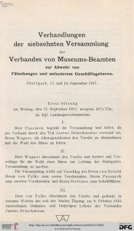 17: Verhandlungen der ... Versammlung des Verbandes von Museums-Beamten zur Abwehr von Fälschungen und Unlauterem Geschäftsgebaren