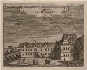 Das alte Gymnasium an der Nordseite des Johannisplatzes (heute Nr. 2) in Zittau in der Oberlausitz im Zustand vor dem Bombardement 1757, aus Montalegres Sechs Stadt Zittau