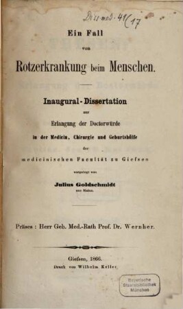 Ein Fall von Rotzerkrankung beim Menschen : Inaug. Diss.