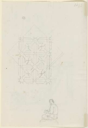 Geometrisches Muster sowie sitzender Säbelträger, in ein Notizbuch schreibend