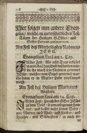 Hier folgen nun andere Evangelia/ welche an unterschiedlichen Fest-Tägen der Heiligen Gottes / und Stiffts-Patronen gelesen werden.