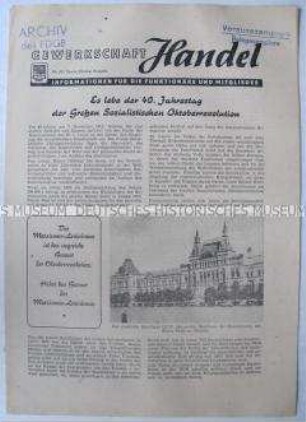 Mitteilungsblatt des Gewerkschaft Handel der DDR u.a. zum 40. Jahrestag der Oktoberrevolution