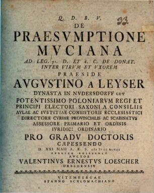 De praesvmptione Mvciana : ad leg. 51. D et 6. C. de donat. inter virum et uxorem