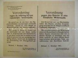 Maueranschlag für die besetzten Gebiete in Westeuropa mit Verordnungen der Besatzungsmacht gegen den Eintritt in eine feindliche Wehrmacht (zweisprachig)