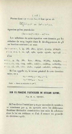 Sur un procédé particulier de division rapide.