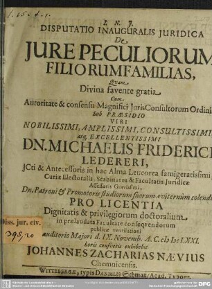 Disputatio Inauguralis Juridica De Jure Peculiorum Filiorum Familias