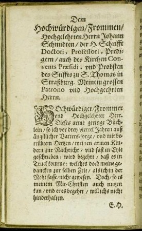 Dem Hochwürdigen/ Frommen/ Hochgelehrten Herrn Johann Schmidten [...]