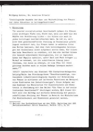 Soziologische Aspekte der Aus- und Weiterbildung von Frauen und ihres Einsatzes in Leitungsfunktionen