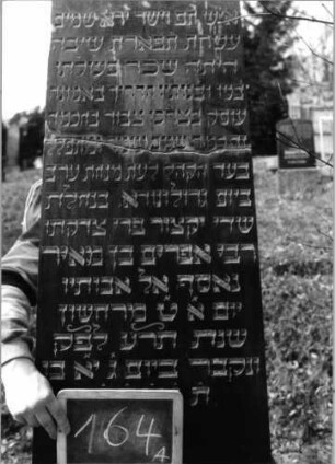 Grabstein 164 (Index: 100090471) Material: Granit Zustand: gebrochen/repariert Maße HxBxT: 188x47x22 cm Beschreibung: Obelisk, getreppter Sockel Besonderheit: Zitat Hiob 1, 8 und 2, 3: Grabstein 164A
