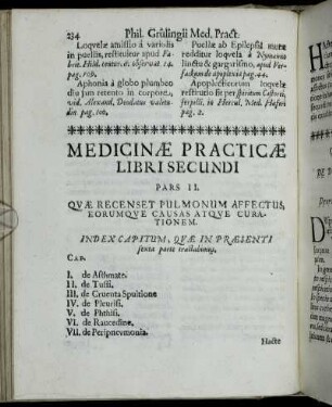 Pars II. Quæ Recenset Pulmonum Affectus, Eorumque Causas Atque Curationem.