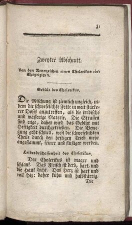 Zweyter Abschnitt. Von den Kennzeichen eines Cholerikus oder Ehrgeizigen. - Vierter Abschnitt. Von den Kennzeichen eines Sanguineus.
