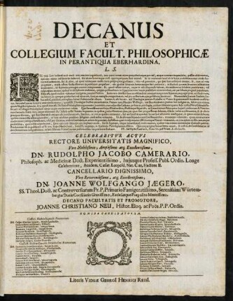 Decanus Et Collegium Facult. Philosophicae In Perantiqua Eberhardina, L. S.