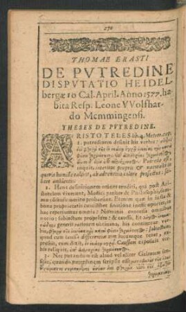 Thomae Erasti De Putredine Disputatio Heidelbergae ... Resp. Leone Wolfhardo