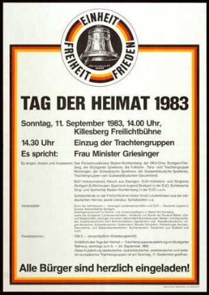"Tag der Heimat 1983 Sonntag, 11. September 1983, Killesberg Freilichtbühne" [folgen Himnweise bezüglich Programm und Veranstalter]