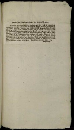 Geschärftere Verordnung wegen den fremden Bettlern : Zweybrücken den 22ten Junii 1762.