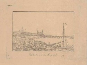 Stadtansicht von Dresden, Blick vom Ausschiffungsplatz am linken Elbufer nach Südwesten auf die Altstadt und die Augustusbrücke, im Vordergrund Arbeiter und Spaziergänger an der Elbe
