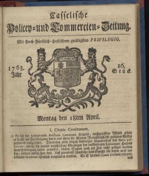 16. Stueck, Montag den 18ten April 1763