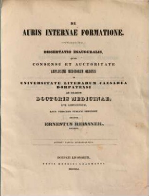 De Auris Internae Formatione : Dissertatio Inauguralis ; accedit tabula lithographica