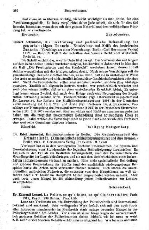 380, Robert Schmölder. Die Bestrafung und polizeiliche Behandlung der gewerbsmäßigen Unzucht. Entwicklung und Kritik des bestehenden Zustandes; Vorschläge zu einer Neuordnung. 1917