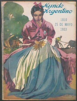 La mujer cose la bandera argentina [Dibujo]