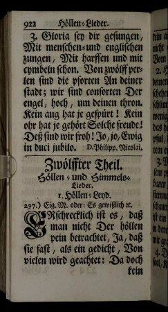 Zwölffter Theil. Höllen-und Himmels-Lieder.