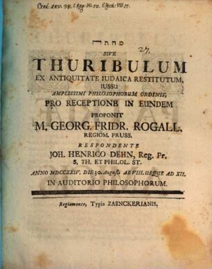 Maḥtā sive Thuribulum ex antiquitate Iudaica restitutum