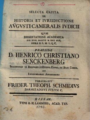 Selecta capita de historia et iurisdictione augusti cameralis iudicii