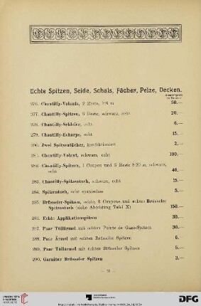 Echte Spitzen, Seide, Schals, Fächer, Pelze, Decken (Nr. 276-326)