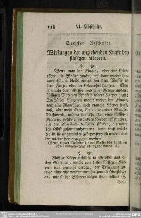Sechster Aschnitt. Wirkungen der anziehenden Kraft bey flüssigen Körpern