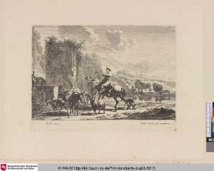 [Auf einem Esel reitende Hirtin neben einem Esel mit Tragekörben; Woman on donkey, near her a donkey with two panniers]