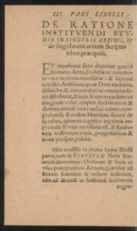 III. Pars Libelli De Ratione Instituendi Studia In Singulis Artibus, Et de singularum artium Scriptoribus praecipuis.