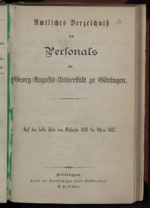 WS 1886/87: Personal-Bestand der Georg-Augusts-Universität zu Göttingen