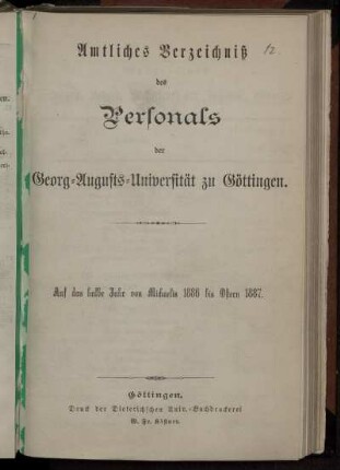 WS 1886/87: Personal-Bestand der Georg-Augusts-Universität zu Göttingen