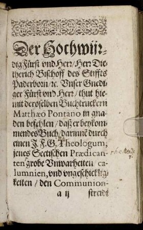 Der Hochwürdig Fürst und Herr/ Herr Dietherich Bischoff des Stiffts Paderborn [...]
