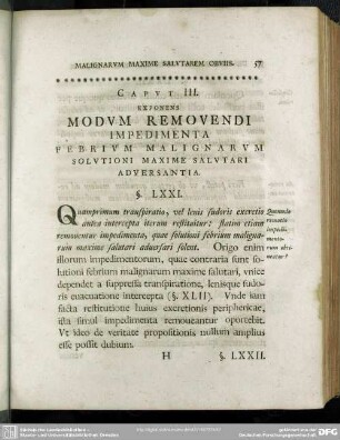 Caput III. Exponens Modum Removendi Impedimenta Febrium Malignarum Solutioni Maxime Salutari Adversantia