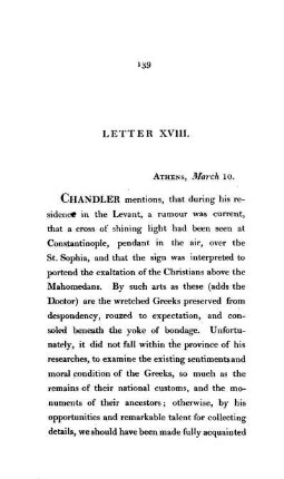 XVIII. Athens. - Superstition of the Greeks. The characteristies of Greeks and Turks. The superstition of the Athenians in particular. The author's opinion of the Greeks. A prophetic inscription. The Albanians.