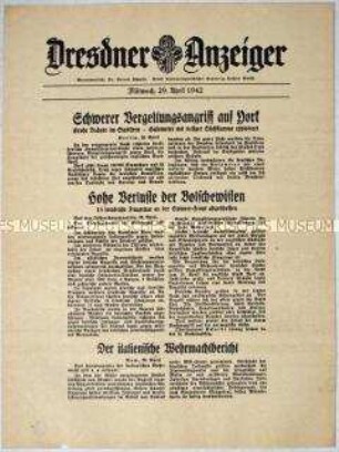 Nachrichtenblatt "Dresdner Anzeiger" mit Meldungen des OKW und des italienischen Oberkommandos von verschiedenen Fronten