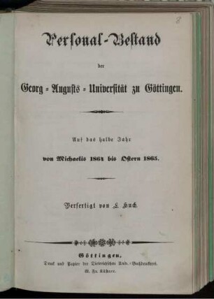 WS 1864/65: Personal-Bestand der Georg-Augusts-Universität zu Göttingen