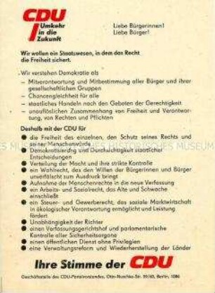 Flugblatt des CDU-Parteivorstandes Berlin mit Programmschwerpunkt Staatswesen